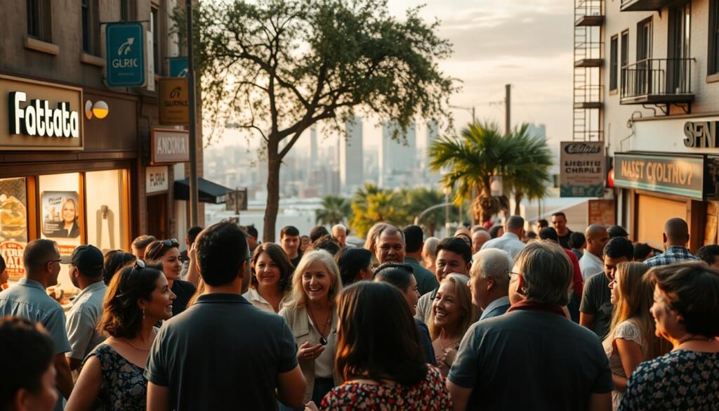 A vibrant community gathering in a bustling urban setting, where local businesses and residents engage in lively interaction. In the foreground, a diverse group of people converse and collaborate, their expressions animated and welcoming. The middle ground showcases the storefronts of local shops, their facades adorned with signage and decorations that reflect the unique character of the neighborhood. In the background, a panoramic view of the cityscape, with towering buildings and a sense of energy and potential. The lighting is warm and inviting, casting a golden glow over the scene and accentuating the sense of community and camaraderie. The overall atmosphere is one of inclusivity, civic pride, and the celebration of local enterprise.