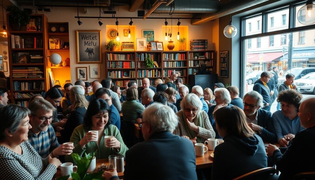 A vibrant community gathering in a cozy café, filled with the aroma of freshly brewed coffee and the lively chatter of local residents. In the foreground, a diverse group of people engage in animated discussions, sharing ideas and experiences over steaming mugs. The middle ground showcases an artfully decorated space, with warm lighting casting a welcoming glow and wall-to-wall bookshelves brimming with local literature. In the background, large windows offer a glimpse of the bustling street outside, where passersby stop to admire the vibrant scene. The overall atmosphere conveys a sense of connection, collaboration, and a genuine investment in the local community.