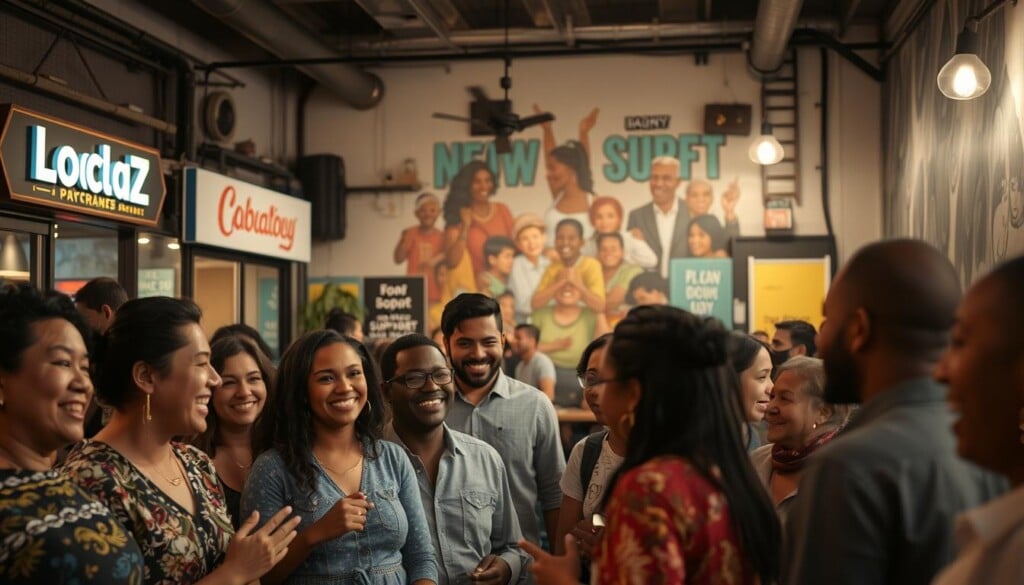 A vibrant community gathering in a cozy, well-lit urban setting. In the foreground, a group of diverse individuals engage in lively conversation, their expressions warm and welcoming. The middle ground features a mix of local businesses, their storefronts adorned with inviting signage and colorful displays. In the background, a mural depicting scenes of community support and empowerment creates a sense of togetherness. Soft, diffused lighting casts a gentle glow, evoking a atmosphere of inclusivity and collaboration. The overall scene conveys the essence of LocalZ's commitment to fostering a thriving, supportive environment for local businesses and the community.