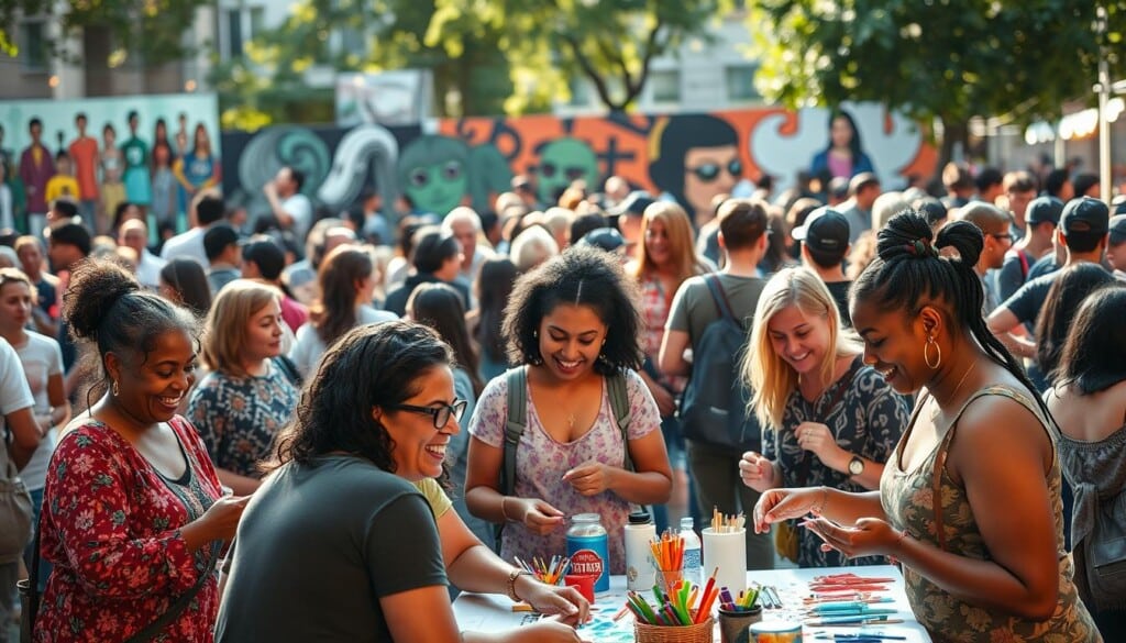 A vibrant community gathering in a lively public space, with people of diverse backgrounds engaged in various activities. In the foreground, a group of locals enthusiastically participating in an interactive arts and crafts workshop, their faces alight with creativity and collaboration. In the middle ground, a crowd of people mingling and conversing, creating a sense of shared experience and connection. The background features a mural or public art installation, adding a rich, colorful layer to the scene. Warm, natural lighting illuminates the space, fostering a welcoming and inclusive atmosphere. The composition captures the energy and dynamism of a thriving community engaged in supporting and celebrating the arts.