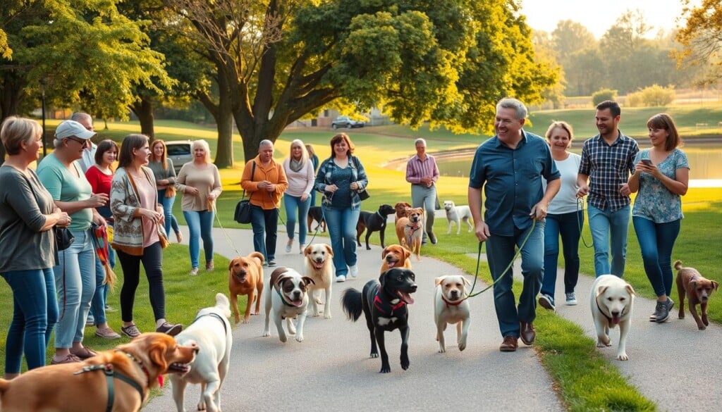 A vibrant community gathering in a lush park setting, with people of all ages engaged in various dog-walking activities. In the foreground, a group of neighbors chatting and playing with their furry companions, their expressions filled with joy and camaraderie. In the middle ground, a diverse array of dog breeds trotting along well-kept paths, their owners smiling and waving to one another. The background showcases a picturesque landscape, with trees casting gentle shadows and a serene pond reflecting the warm, golden sunlight. The overall atmosphere exudes a sense of connection, belonging, and the positive impact of pet ownership on local engagement.