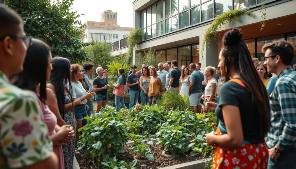 A vibrant community gathering in a lush, urban setting. In the foreground, a diverse group of people, from all walks of life, engaged in conversation and collaboration. They share ideas, offer support, and work together to make a positive impact. The middle ground features a community garden, with thriving plants and a sense of shared responsibility. In the background, a modern, yet inviting building with large windows, allowing natural light to pour in, symbolizing the openness and transparency of the LocalZ initiative. The overall atmosphere is one of inclusivity, empowerment, and a shared commitment to bettering the local community.