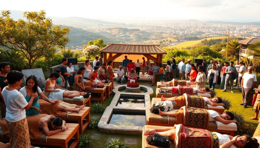 A vibrant community gathering in a serene outdoor setting, with people of diverse backgrounds engaged in relaxing massage sessions. The foreground features individuals receiving tailored treatments from skilled practitioners, surrounded by a lush garden oasis with soothing water features. The middle ground showcases a central pavilion where local artisans showcase their handcrafted wares, creating a sense of connection and collaboration. In the background, a picturesque landscape with rolling hills and a distant cityscape frames the scene, evoking a tranquil and rejuvenating atmosphere. The warm, natural lighting casts a golden glow, enhancing the overall sense of tranquility and well-being.