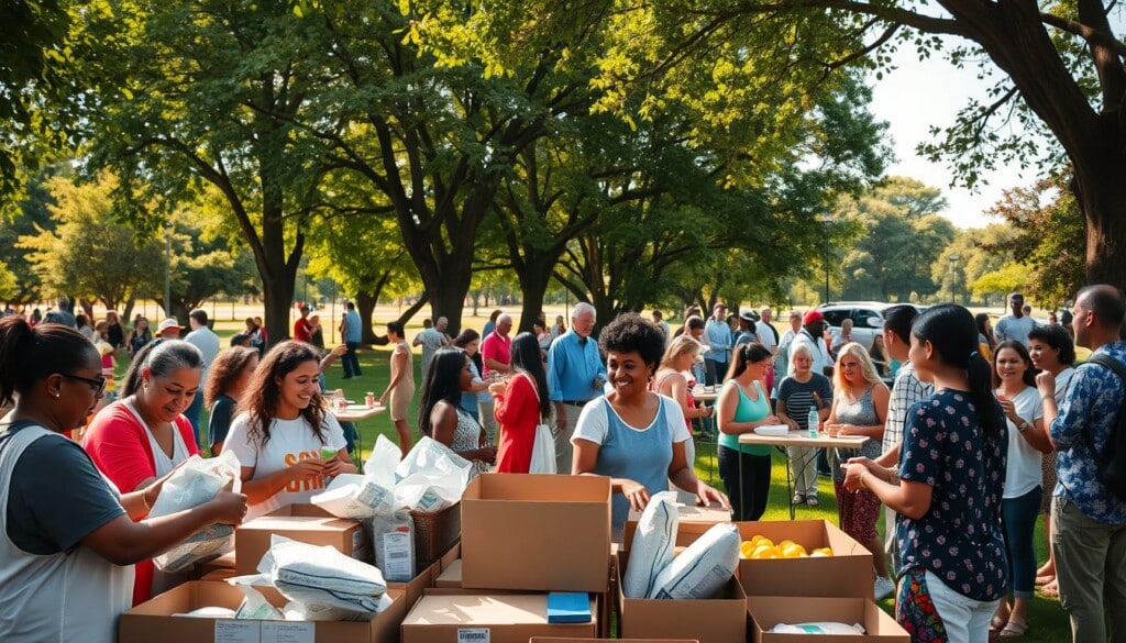 A vibrant community gathering in a sun-dappled park, people of diverse backgrounds connecting over shared interests. In the foreground, a group of volunteers sorting and distributing boxes of food and supplies, radiating warmth and camaraderie. In the middle ground, families and friends playing games, sharing meals, and conversing animatedly. The background framed by lush trees and a cloudless sky, conveying a sense of tranquility and togetherness. The scene is bathed in soft, golden light, creating a welcoming, inclusive atmosphere that reflects the strong community bonds.