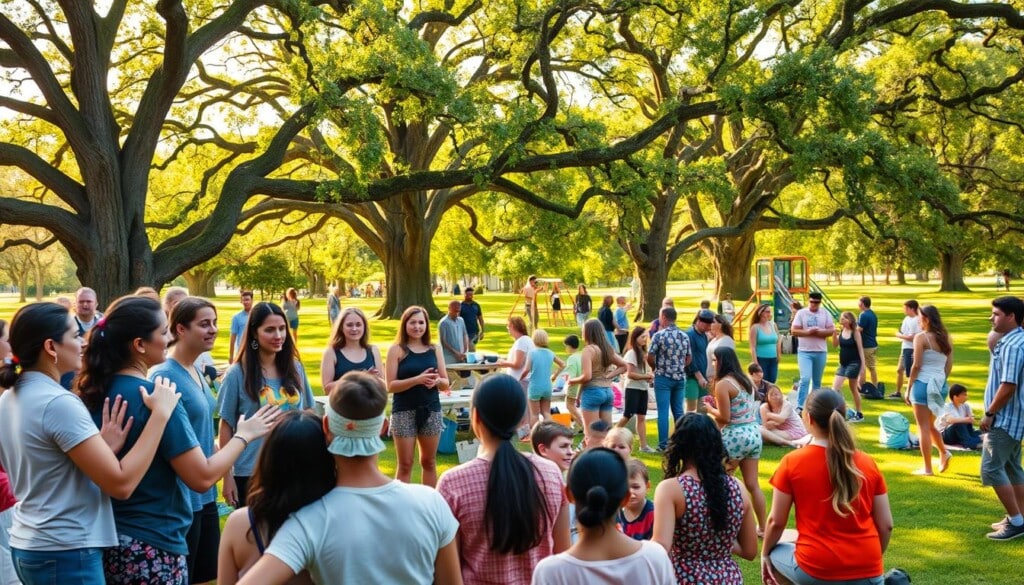 A vibrant community gathering in a sun-dappled park, with people of diverse ages and backgrounds engaged in various activities. In the foreground, a group of volunteers are leading a interactive workshop, their animated gestures and smiles conveying a sense of energy and connection. In the middle ground, families picnic on lush green grass, children play on a nearby jungle gym, and friends chat animatedly. The background is framed by towering oak trees, casting a warm, golden glow over the entire scene. The atmosphere is one of warmth, inclusivity, and a shared sense of purpose - LocalZ's commitment to empowering and supporting its local community.