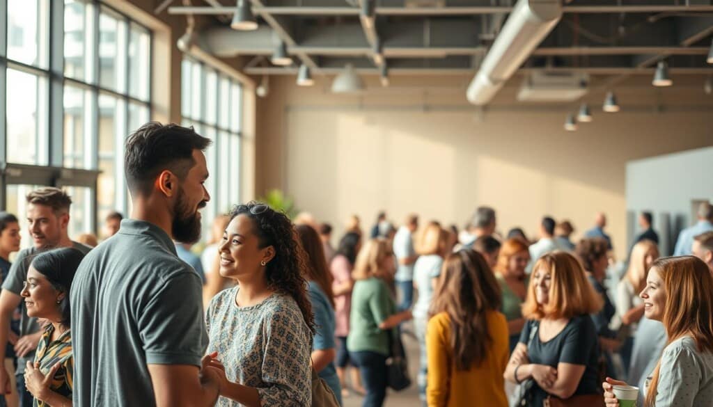 A vibrant community gathering in a warm, welcoming setting. In the foreground, a diverse group of people engage in lively conversations, their expressions animated as they exchange ideas. The middle ground features a mix of seating areas and interactive displays, inviting visitors to explore and connect. In the background, a soft, natural lighting filters through large windows, creating a serene and inclusive atmosphere. The scene conveys a sense of belonging, where individuals from different backgrounds come together to share their experiences and forge meaningful connections through the power of local media.