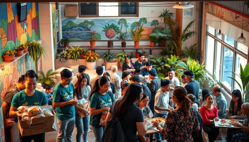 A vibrant community gathering in a well-lit public space, with people of diverse ages and backgrounds interacting warmly. In the foreground, a group of volunteers distributing supplies and offering assistance to local residents. In the middle ground, families and individuals engaged in conversation, sharing a meal, or participating in a collaborative activity. The background features colorful murals, potted plants, and cozy seating areas that create an inviting atmosphere. Soft, natural lighting illuminates the scene, conveying a sense of togetherness and shared purpose. The overall mood is one of inclusivity, support, and a deep connection to the local community.