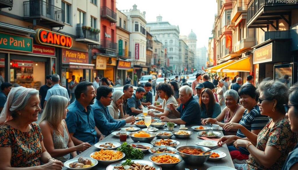 A vibrant community gathering in an urban setting, with a diverse group of people of different ages, ethnicities, and backgrounds sharing a meal and enjoying each other's company. The foreground features a long table laden with an array of ethnic dishes, with people seated around it, engaged in lively conversation. The middle ground showcases a bustling street scene, with colorful storefronts, street vendors, and pedestrians adding to the lively atmosphere. The background features a blend of modern and historic architecture, creating a visually striking and harmonious setting. Warm, natural lighting illuminates the scene, casting a cozy and inviting glow. The overall mood is one of connection, celebration, and a sense of shared community.
