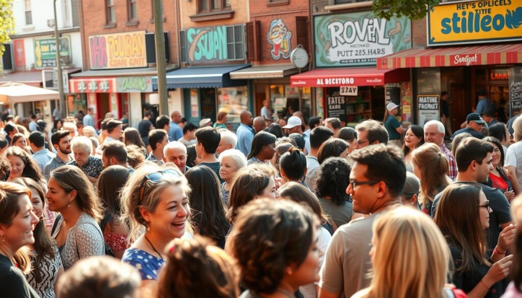 A vibrant community gathering in an urban setting, with diverse individuals engaged in lively conversation and activities. In the foreground, people of all ages and backgrounds mingle and interact, their expressions animated and their body language open. In the middle ground, colorful local storefronts and street art create a vibrant backdrop, reflecting the energy and diversity of the neighborhood. The scene is bathed in warm, natural lighting, casting a welcoming glow and emphasizing the sense of connection and shared experience. The overall atmosphere conveys a strong sense of community engagement, where people come together to celebrate and support one another.