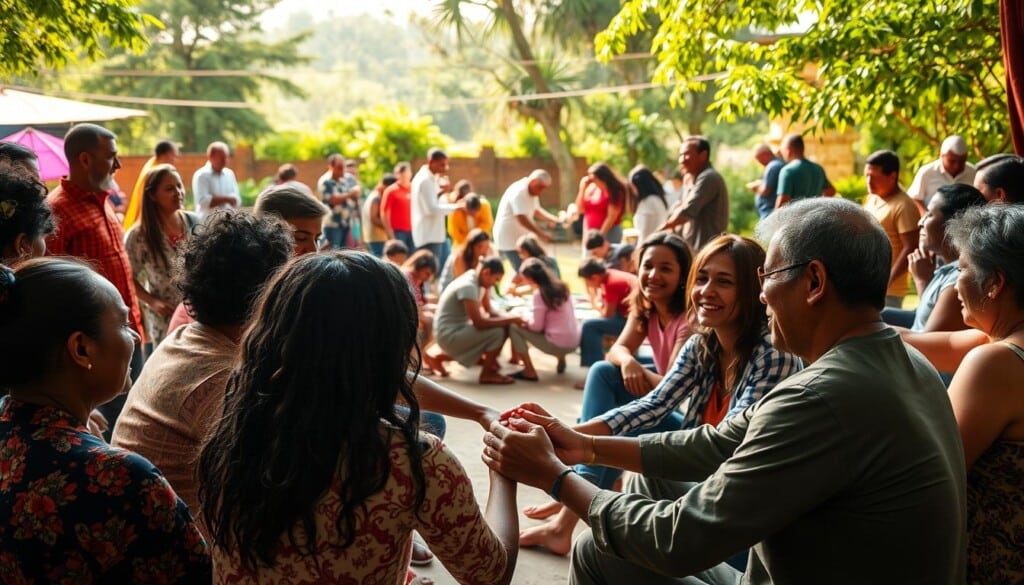 A vibrant community gathering, people of diverse backgrounds engaging in lively discussions and collaborative activities. In the foreground, a group of individuals seated in a circle, hands intertwined, faces alight with enthusiasm. In the middle ground, small clusters of people working together on various projects, sharing ideas and supporting one another. The background features a warm, sun-dappled outdoor setting, with lush greenery and a sense of openness and inclusivity. Soft, diffused lighting casts a gentle glow, creating an atmosphere of warmth, connection, and collective well-being.