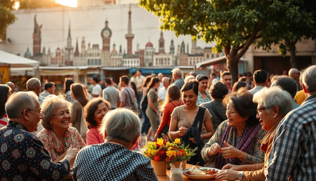A vibrant community gathering, people of diverse backgrounds warmly connecting. In the foreground, a group of neighbors sharing a meal, laughter and conversation filling the air. In the middle, a lively street market, stalls offering local crafts and produce, shoppers browsing and exchanging ideas. In the background, a mural depicting iconic landmarks, symbolizing the shared cultural heritage. Soft, golden lighting casts a welcoming glow, inviting all to participate in this tapestry of human interaction. A sense of belonging and unity pervades the scene, highlighting the power of community connections.