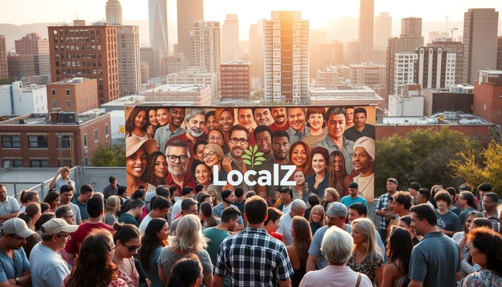 A vibrant community gathering, set against the backdrop of a bustling city skyline. In the foreground, a diverse group of people of all ages and backgrounds engaged in various activities - volunteering at a local food bank, cleaning up a neighborhood park, or participating in a lively discussion. The middle ground features a large mural depicting the diverse faces and stories that make up the LocalZ community, with the company's logo prominently displayed. In the background, a warm, golden light filters through the windows of the surrounding buildings, creating a sense of warmth and inclusivity. The overall atmosphere conveys a strong sense of connection, collaboration, and a shared commitment to making a positive impact on the local community.