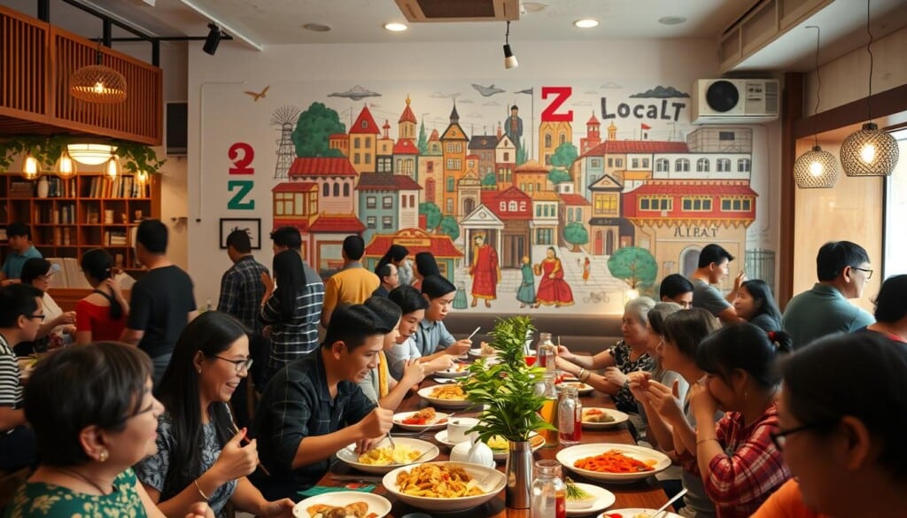 A vibrant community gathering, with a bustling LocalZ restaurant at the center. In the foreground, diverse patrons enjoy delectable Cantonese dishes and lively conversations. The middle ground showcases a wall mural depicting the local neighborhood, its cultural landmarks, and the interconnected lives of its residents. In the background, a cozy ambiance is created by warm lighting and wooden furnishings, reflecting the inviting atmosphere of the establishment. The scene captures the essence of how LocalZ bridges the gap between authentic cuisine and the heart of the community.