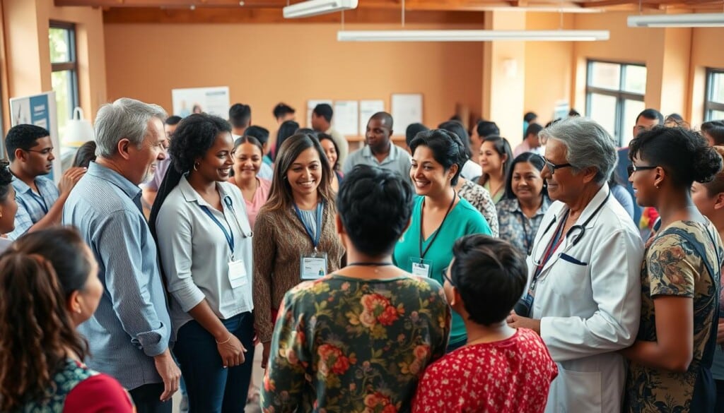 A vibrant community gathering, with people of diverse backgrounds connecting over their shared healthcare needs. In the foreground, a group of individuals warmly engaging with a team of attentive pulmonologists, their expressions radiating trust and understanding. The middle ground showcases an array of informative resources and educational materials, guiding the community towards better respiratory health. In the background, a warm, inviting space with ample natural lighting, creating a sense of comfort and inclusivity. The overall atmosphere exudes a spirit of collaboration, empowerment, and a shared commitment to improving the well-being of the LocalZ community.