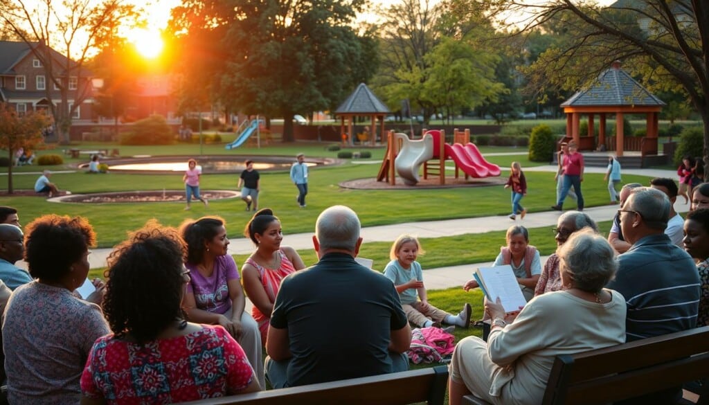 A vibrant community gathering, with people of diverse backgrounds engaging in lively discussions under the warm glow of a setting sun. In the foreground, a group of neighbors sit on benches, listening intently to a local community leader sharing plans for a new neighborhood initiative. In the middle ground, children play joyfully on a nearby playground, their laughter echoing through the space. The background features a well-maintained public park, complete with lush greenery, a scenic pond, and a picturesque gazebo. The overall atmosphere conveys a sense of togetherness, civic pride, and a deep commitment to local involvement.