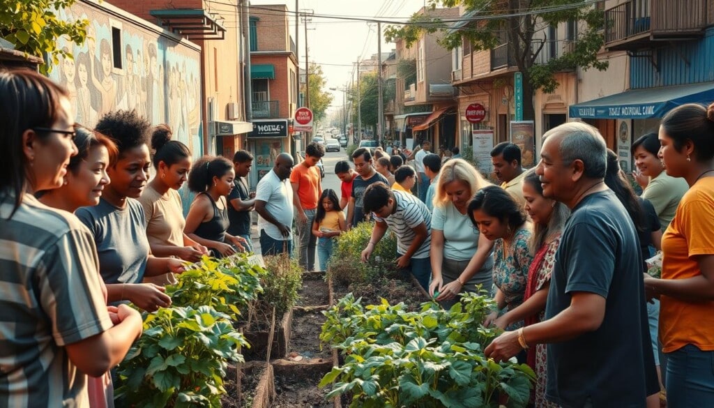 A vibrant community gathering, with people of diverse backgrounds interacting and collaborating. In the foreground, a group of volunteers is tending to a thriving community garden, their faces alight with purpose. In the middle ground, a colorful mural adorns the side of a building, depicting scenes of local life and unity. The background reveals a bustling street, lined with small businesses and pedestrians, all contributing to the pulsing energy of the neighborhood. Warm, natural lighting bathes the scene, creating a sense of inclusivity and belonging. A wide-angle lens captures the holistic impact of the community's collective efforts, showcasing the transformative power of local engagement and stewardship.