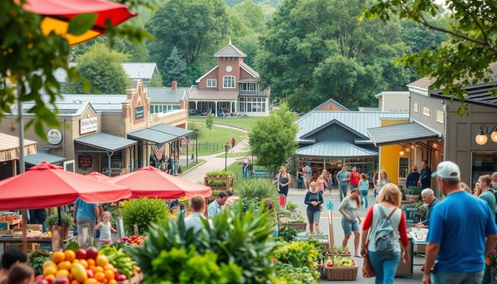 A vibrant community hub, bustling with activity and interconnected businesses. In the foreground, a vibrant farmers market with fresh produce and local vendors, their stalls adorned with colorful umbrellas and inviting displays. In the middle ground, a thriving small-town main street, lined with mom-and-pop stores, a local cafe, and a community health center, all exuding a sense of warmth and togetherness. In the background, a verdant park with families enjoying outdoor activities, a playground, and a walking trail that connects the community. Soft, diffused natural lighting creates a welcoming ambiance, and the overall scene conveys a strong sense of local pride, wellness, and the intertwined relationship between a healthy community and its businesses.