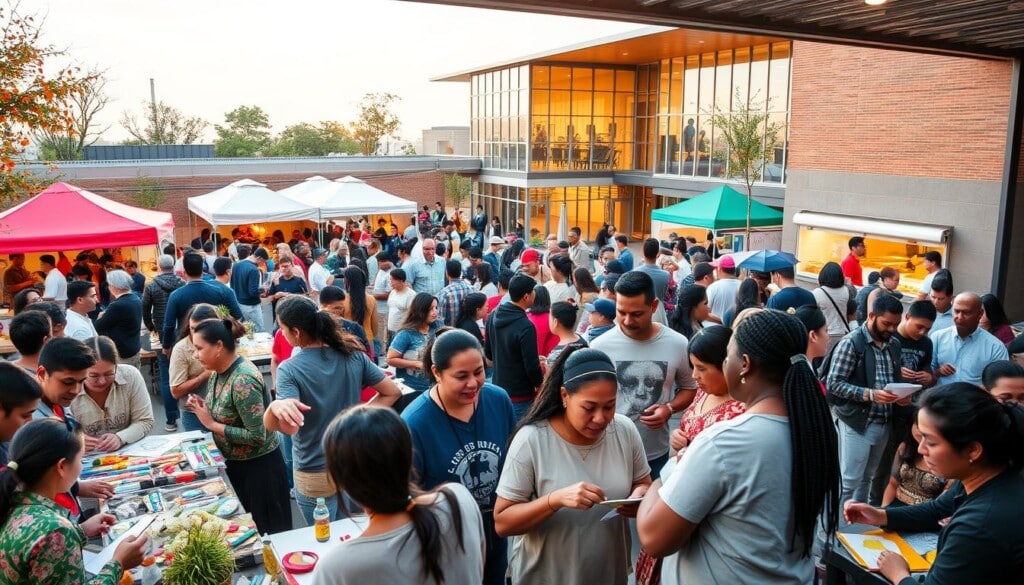 A vibrant community hub filled with engaged residents, showcasing the diverse initiatives of LocalZ. In the foreground, people of all ages participate in interactive workshops and collaborative projects, their faces alight with enthusiasm. The middle ground features a bustling outdoor event space, with colorful tents, craft stalls, and food vendors, creating a lively atmosphere. In the background, a modern community center stands tall, its sleek architecture and large windows letting in warm, natural light. The overall scene conveys a sense of connection, creativity, and a deep commitment to empowering the local community.