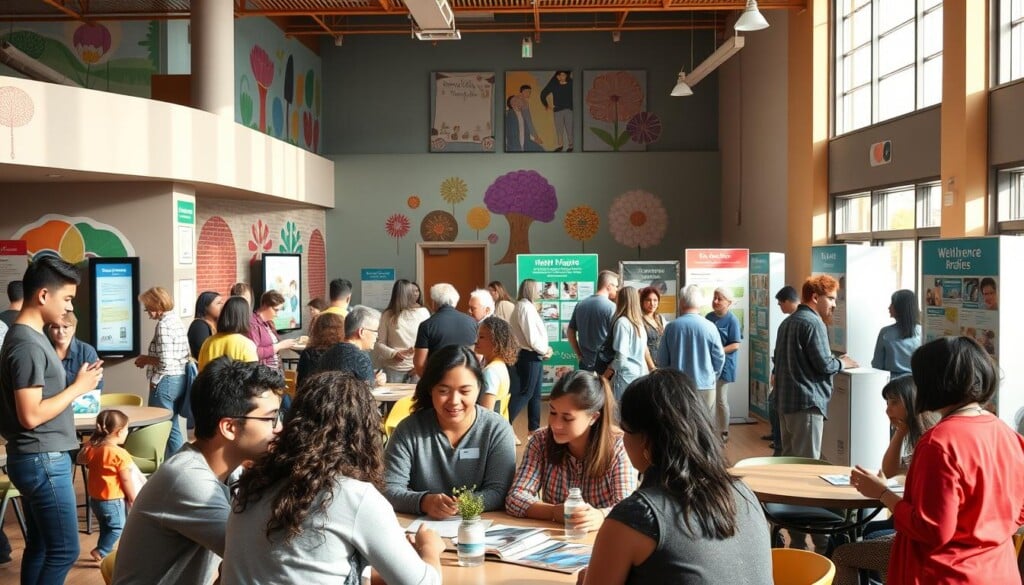 A vibrant community hub with people of all ages engaged in various activities. In the foreground, a group of young adults gathered around a table, discussing mental health resources and support initiatives. In the middle ground, families and seniors participate in wellness workshops and group counseling sessions. The background features colorful murals, informative displays, and interactive kiosks providing information on local programs. Warm, natural lighting filters through large windows, creating a welcoming and inclusive atmosphere. A sense of collaboration, empowerment, and a commitment to holistic well-being permeates the scene.