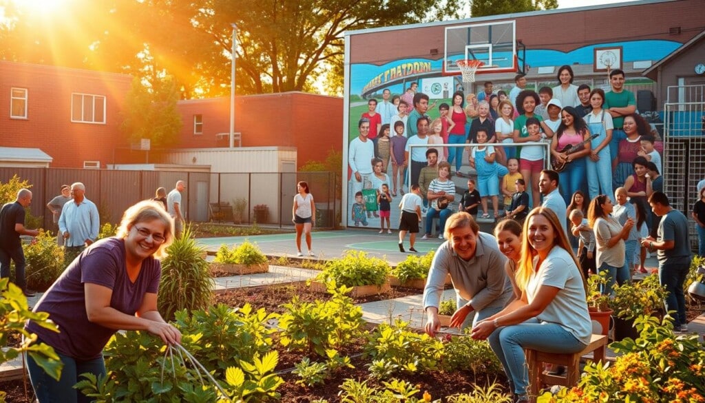 A vibrant community hub with residents of all ages engaged in various activities, from gardening and outdoor recreation to arts and cultural events. The scene is bathed in warm, golden sunlight, creating a cozy and inviting atmosphere. In the foreground, a group of smiling neighbors work together to tend to a lush community garden, their expressions radiating a sense of pride and belonging. In the middle ground, a basketball court hosts a pickup game, while a small stage showcases a local musical performance. In the background, a mural depicting the diverse history and spirit of the neighborhood adorns the side of a building, adding a vibrant and artistic touch to the scene.