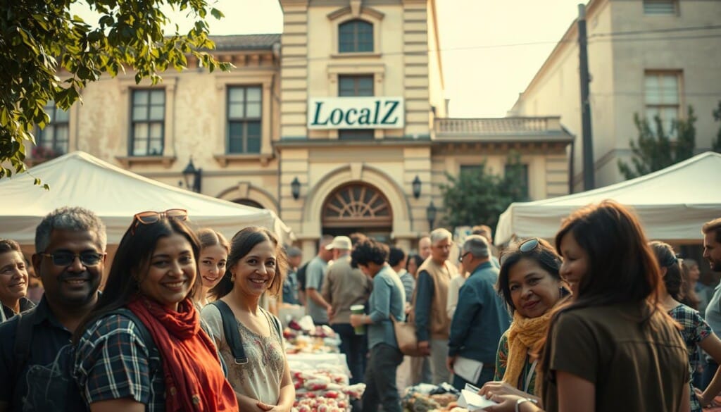 A vibrant community initiative unfolds, captured in a rich, cinematic tableau. At the forefront, a group of diverse individuals gather, their smiles and camaraderie radiating warmth. In the middle ground, a bustling outdoor market showcases local artisanal goods, their vibrant colors and textures drawing the eye. Framing the scene, the backdrop features a historic, well-maintained building with a prominent sign, "LocalZ", emblazoned upon its facade. Soft, diffused lighting filters through, casting a gentle glow and evoking a sense of togetherness and civic pride. The overall composition conveys a harmonious, inclusive, and community-driven atmosphere.