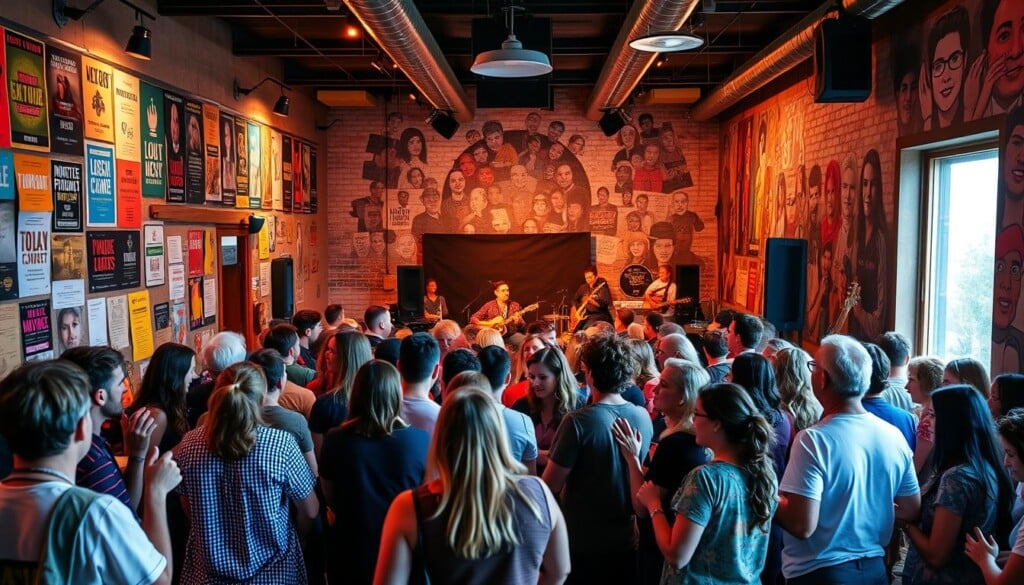 A vibrant community music hub, bathed in warm, ambient lighting, with a central stage showcasing a solo musician captivating the audience. On the walls, colorful posters and flyers promote upcoming local music events and initiatives. In the foreground, a group of people engage in animated discussion, passionately supporting the local music scene. The middle ground features a diverse crowd of music enthusiasts, tapping their feet and swaying to the rhythmic melodies. In the background, a mural depicts a collage of musical instruments and expressive faces, symbolizing the rich cultural tapestry of the local music community.