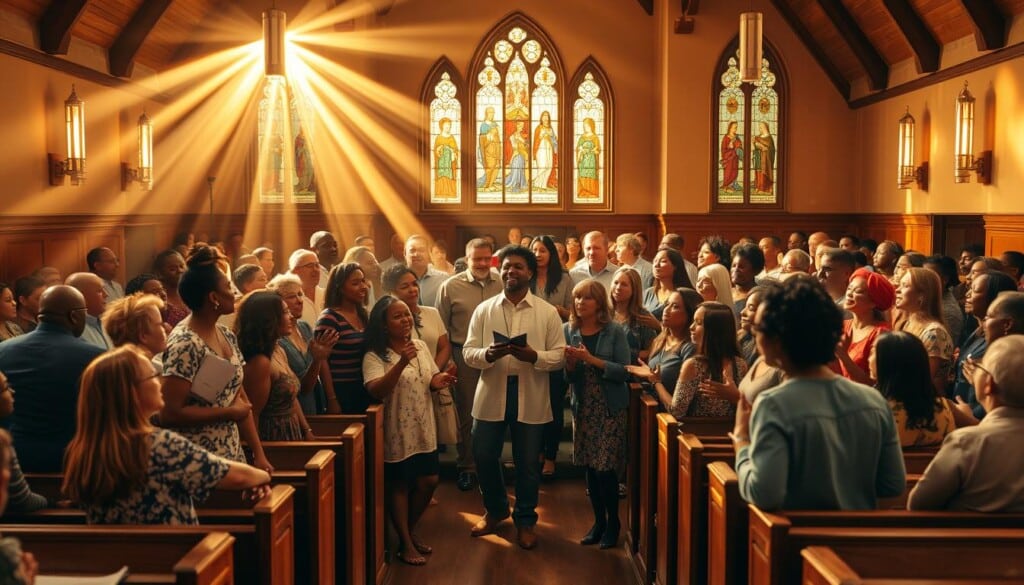 A vibrant community of gospel singers, their soulful voices filling a warm, inviting church interior. Rays of soft, golden light stream through stained glass windows, casting a serene glow over the gathered congregation. At the center, a choir of diverse individuals stands united, their harmonies weaving a tapestry of faith, hope, and unity. Wooden pews and polished floors create a sense of timeless tradition, while the expressive gestures and joyful expressions of the performers convey the transformative power of the music. This image captures the essence of how gospel groups foster a deep sense of community, transcending boundaries and bringing people together through the shared experience of spiritual celebration.