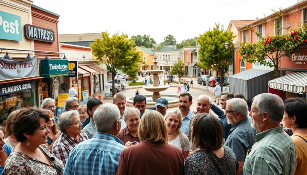 A vibrant community of local businesses gathered, showcasing their support for the neighborhood mattress retailers. In the foreground, a group of shop owners enthusiastically discussing strategies to boost sales and drive customer loyalty. The middle ground features an array of diverse stores, their storefronts adorned with colorful banners and signs, creating a lively, bustling atmosphere. In the background, a scenic town square with quaint tree-lined streets and a central fountain, reflecting the warm, welcoming spirit of the local community. Soft, natural lighting casts a cozy, inviting glow, and the scene is captured through a wide-angle lens, emphasizing the sense of togetherness and collaboration among the businesses.