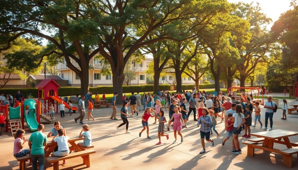 A vibrant community playground bustling with activity. In the foreground, children of diverse backgrounds play joyfully on colorful swings, slides, and climbing structures. Families gather around picnic tables, sharing laughter and conversation. In the middle ground, a lively crowd participates in a spirited game of hopscotch, their movements captured by a wide-angle lens. Towering trees line the perimeter, casting dappled shadows that dance across the scene. Warm, golden sunlight filters through, creating a welcoming and inclusive atmosphere. The overall mood is one of togetherness, happiness, and the celebration of shared public spaces.