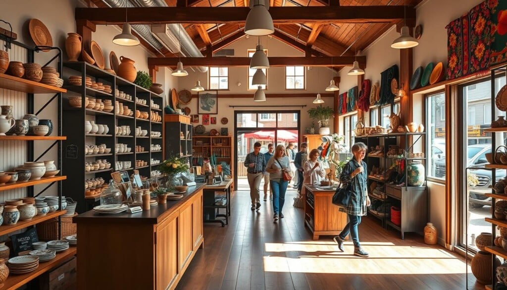 A vibrant craft shop interior, bathed in warm, natural lighting that filters through large windows. Shelves and displays showcase an array of handmade products, from intricate pottery to vibrant textiles, all expertly curated and arranged to draw the eye. The space has an inviting, welcoming atmosphere, with wooden floors and exposed beams adding a rustic charm. In the foreground, a stylish sales counter stands ready to assist customers, while in the middle ground, shoppers browse the aisles, immersed in the shop's creativity and attention to detail. The background features an open doorway, hinting at the bustling street outside, creating a sense of connection between the intimate craft space and the larger community.