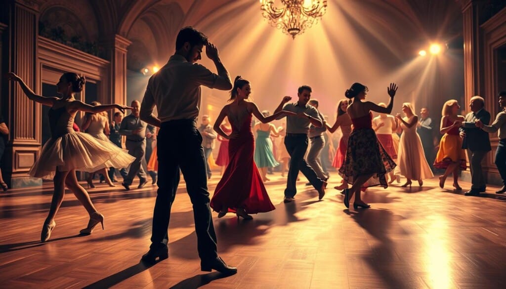 A vibrant dance floor showcasing a diverse array of global dance styles. In the foreground, a graceful ballet dancer and a lively hip-hop dancer move in harmony, their movements captured in a dramatic chiaroscuro lighting. In the middle ground, a sultry salsa couple sway to the rhythm, while a group of traditional folk dancers weave intricate patterns in the background. The scene is bathed in a warm, golden glow, evoking a sense of cultural celebration and shared joy. The composition is framed by sweeping architectural elements, hinting at the world-spanning nature of these captivating dance traditions.