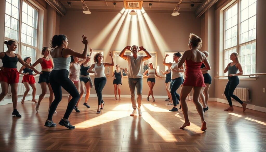 A vibrant dance studio filled with natural light, capturing the joy and energy of a group of dancers as they move in perfect synchronization. The hardwood floor gleams, providing a smooth surface for fluid movements. In the center, a charismatic instructor leads the class, their expressive gestures and enthusiastic cues inspiring the dancers to push their limits. Shafts of sunlight stream through large windows, casting a warm, golden glow over the scene and accentuating the graceful lines of the dancers' bodies. The atmosphere is one of boundless creativity, where the rhythm of the music and the passion of the performers merge to create a truly immersive and fulfilling dance experience.