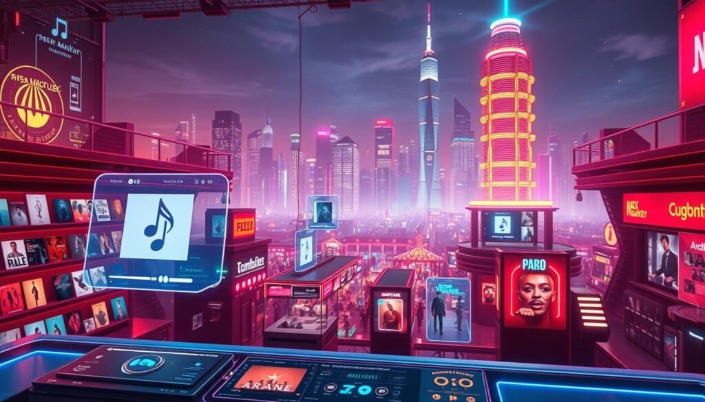 A vibrant digital landscape of music shopping, bathed in a warm, neon-infused glow. In the foreground, a sleek, futuristic interface showcases a curated selection of albums, playlists, and artist recommendations. Floating holographic displays present album covers and streaming controls, inviting the user to effortlessly browse and discover new music. The middle ground features a panoramic view of a bustling digital market, where virtual storefronts and interactive kiosks entice shoppers with the latest releases and exclusive content. In the distance, a towering cityscape of gleaming skyscrapers and neon-lit skylines sets the stage for a cutting-edge, immersive music shopping experience.