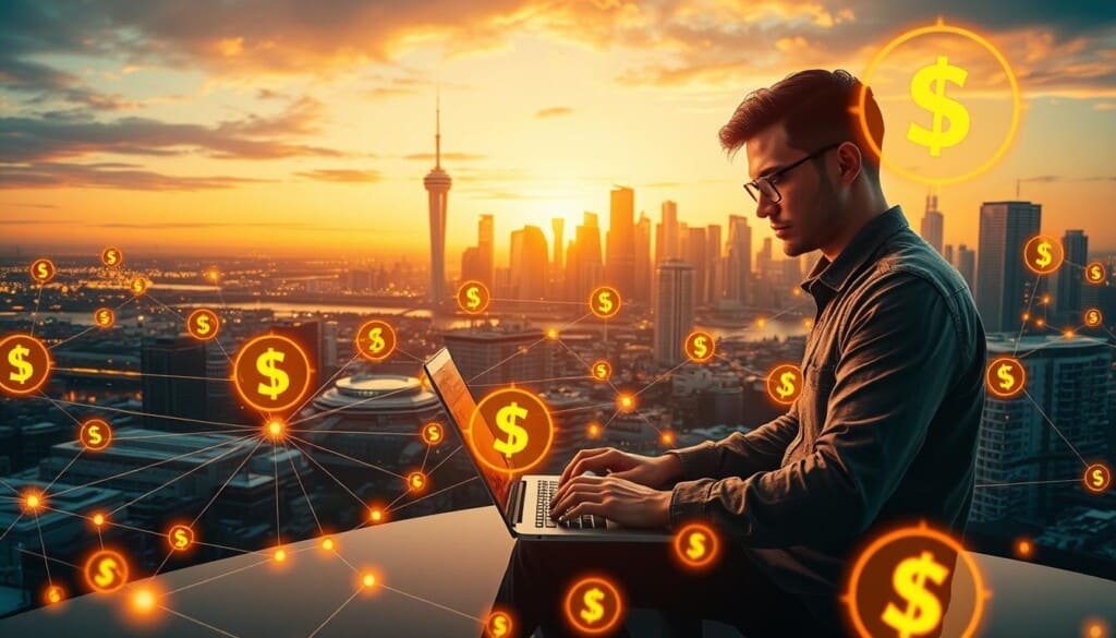 A vibrant digital landscape showcasing a developer's skills being monetized through community affiliates. In the foreground, a coder diligently works on a laptop, surrounded by glowing transaction icons and dollar signs, symbolizing the lucrative potential of leveraging their expertise. The middle ground features an array of interconnected nodes, representing the web of partnerships and revenue streams. In the background, a sleek, modern city skyline reflects the tech-savvy, urban setting. Warm lighting casts a glow over the scene, conveying a sense of opportunity and success. The composition is balanced, with a cinematic, wide-angle lens capturing the full scope of this developer's journey towards financial fulfillment.