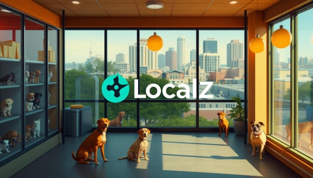 A vibrant, digitally-rendered image showcasing the connection between LocalZ and animal shelters. In the foreground, a warm, welcoming animal shelter with adoptable pets - dogs, cats, and other rescues - displayed through large windows. In the middle ground, the LocalZ logo and branding elements, subtly integrated to highlight the partnership. The background features a cityscape with diverse buildings, conveying a sense of community and LocalZ's local presence. The lighting is soft and inviting, creating a comfortable, nurturing atmosphere. The overall composition evokes a harmonious fusion of technology, local business, and animal welfare, inspiring viewers to explore how LocalZ supports their community's furry friends.