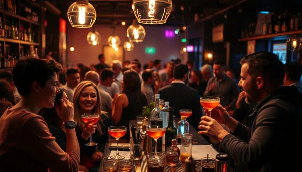 A vibrant, dimly lit bar scene showcasing the community spirit of cocktail culture. In the foreground, a group of friends gathered around a cozy table, laughing and sipping on unique, artisanal cocktails, the amber liquid catching the warm glow of pendant lighting overhead. In the middle ground, the bartender skillfully crafts a new concoction, their hands a blur of motion as they layer flavors and techniques passed down through generations. The background reveals a diverse crowd mingling, their faces animated as they share stories and recommendations, the air humming with the sounds of clinking glasses and lively conversation. The overall atmosphere exudes a sense of belonging, where strangers become friends united by their appreciation for the craft of cocktail making.