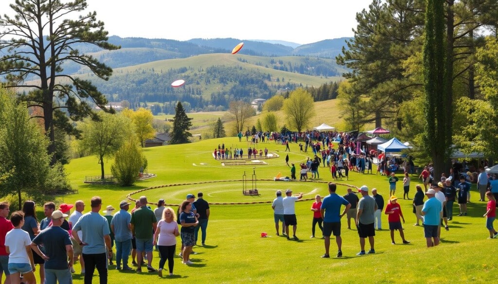 A vibrant disc golf community gathers on a lush, verdant course, surrounded by towering trees and a picturesque backdrop of rolling hills. In the foreground, a diverse group of players, from seasoned enthusiasts to eager beginners, engage in friendly competition, their discs soaring gracefully through the air. The middle ground features a well-maintained tee box and an intricate course layout, showcasing the sport's precision and strategic elements. In the background, a bustling event area comes alive with vendors, spectators, and enthusiasts, creating a sense of camaraderie and shared passion for the sport. The scene is bathed in warm, golden sunlight, evoking a welcoming and inclusive atmosphere that captures the essence of the disc golf community.