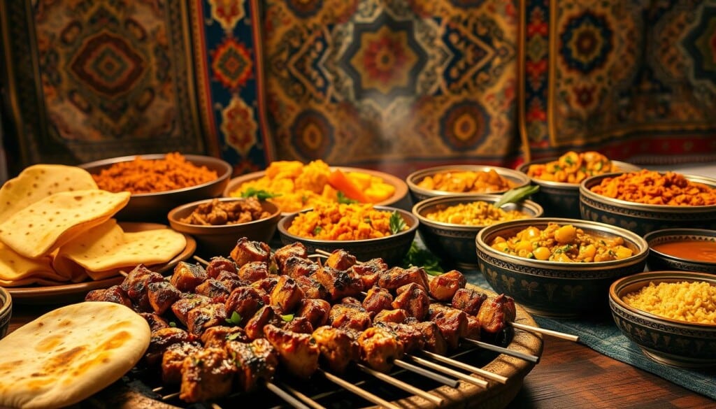 A vibrant display of Afghan culinary delights, showcasing a variety of traditional dishes. In the foreground, an assortment of fragrant kebabs, sizzling on a rustic grill, accompanied by a platter of fluffy naan bread. In the middle ground, a variety of richly spiced stews, from hearty qabili palau to the aromatic shirin polo, served in intricate ceramic bowls. The background features a backdrop of ornate tapestries and intricate patterns, creating a cozy and authentic atmosphere. Warm lighting casts a golden glow, enhancing the vibrant colors and textures of the sumptuous feast. The scene evokes the welcoming hospitality and mouthwatering flavors that define the essence of Afghan cuisine.