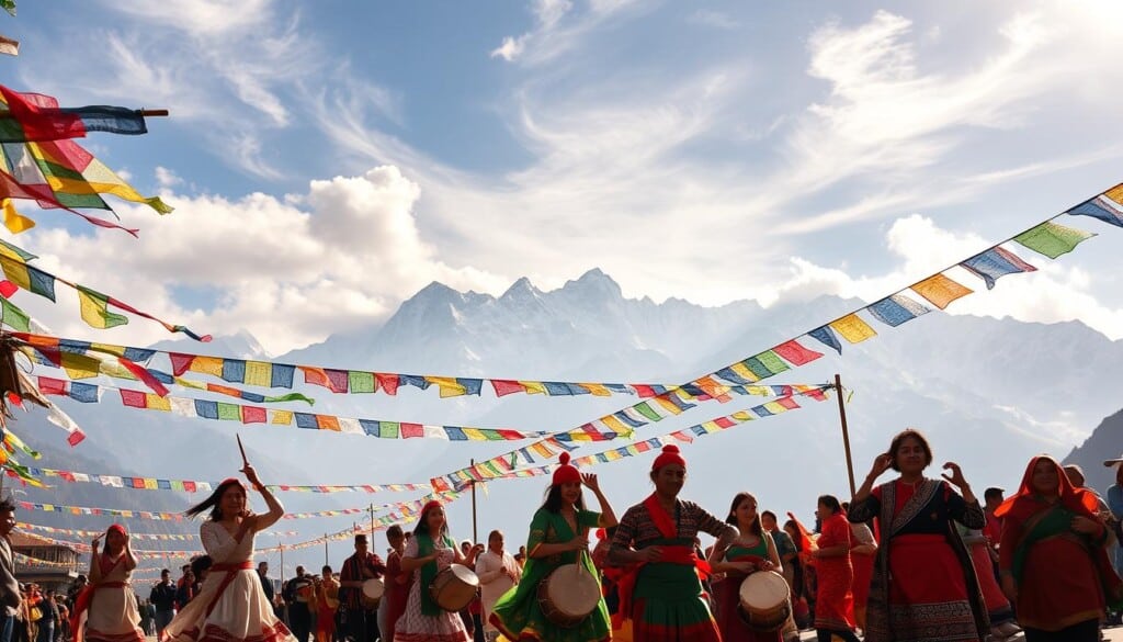 A vibrant display of Himalayan cultural festivals unfolds in a dynamic scene. In the foreground, a lively procession of dancers in traditional Nepali attire twirl and sway to the rhythm of beating drums and shenai. The middle ground features a colorful array of ornate prayer flags fluttering in the crisp mountain breeze, casting a serene, spiritual atmosphere. In the background, majestic snow-capped peaks rise, their grandeur providing a breathtaking natural backdrop. Warm, golden sunlight filters through wispy clouds, illuminating the joyous celebrations. The overall scene exudes a sense of cultural richness, community, and the unique traditions of the Himalayan region.
