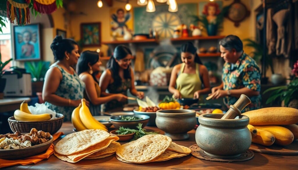 A vibrant display of Venezuelan culture and cooking methods, captured in a lush, immersive scene. In the foreground, a wooden table showcases an array of traditional ingredients and cooking utensils, including arepas, plantains, and a mortar and pestle. In the middle ground, a family gathers around, preparing a meal with lively discussion and gestures, their faces alight with the joy of shared culinary traditions. The background is a warm, inviting kitchen, adorned with colorful textiles, vibrant wall art, and the faint aroma of simmering spices. Soft, golden lighting casts a welcoming glow, evoking the rich heritage and deep-rooted connection between Venezuelan culture and its celebrated cuisine.