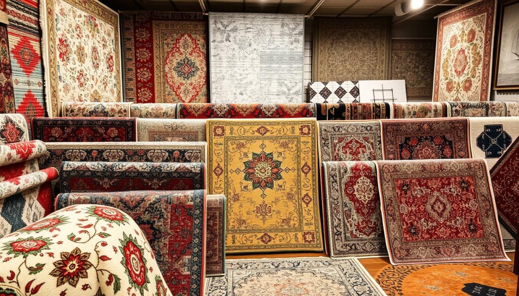 A vibrant display of diverse area rugs, showcasing an array of captivating patterns, textures, and colors. The foreground features an assortment of plush, hand-woven rugs in various geometric, floral, and abstract designs, inviting the viewer to imagine how they might elevate the ambiance of a living room, bedroom, or entryway. The middle ground presents a selection of vintage-inspired, distressed rugs with warm, earthy tones, adding a touch of rustic charm. In the background, a range of modern, minimalist rugs in neutral shades and clean lines create a serene, sophisticated backdrop. The lighting is soft and diffused, highlighting the rich hues and intricate details of the diverse rug collection. This image captures the essence of the local rug store's diverse offerings, inspiring the reader to explore their own style and find the perfect area rug for their space.