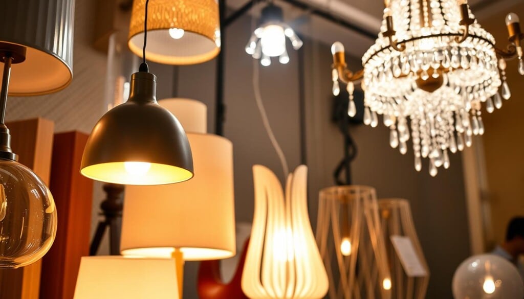A vibrant display of diverse lighting styles, showcasing a harmonious arrangement of fixtures. In the foreground, a sleek pendant lamp casts a warm, ambient glow, complemented by a sculptural floor lamp in the middle ground. In the background, a stunning chandelier with intricate, cascading crystals illuminates the space, creating a sense of elegance and luxury. The scene is bathed in a soft, diffused light that accentuates the textures and shapes of the fixtures, evoking a cozy and inviting atmosphere. A visually captivating composition that highlights the versatility and transformative power of premium lighting.