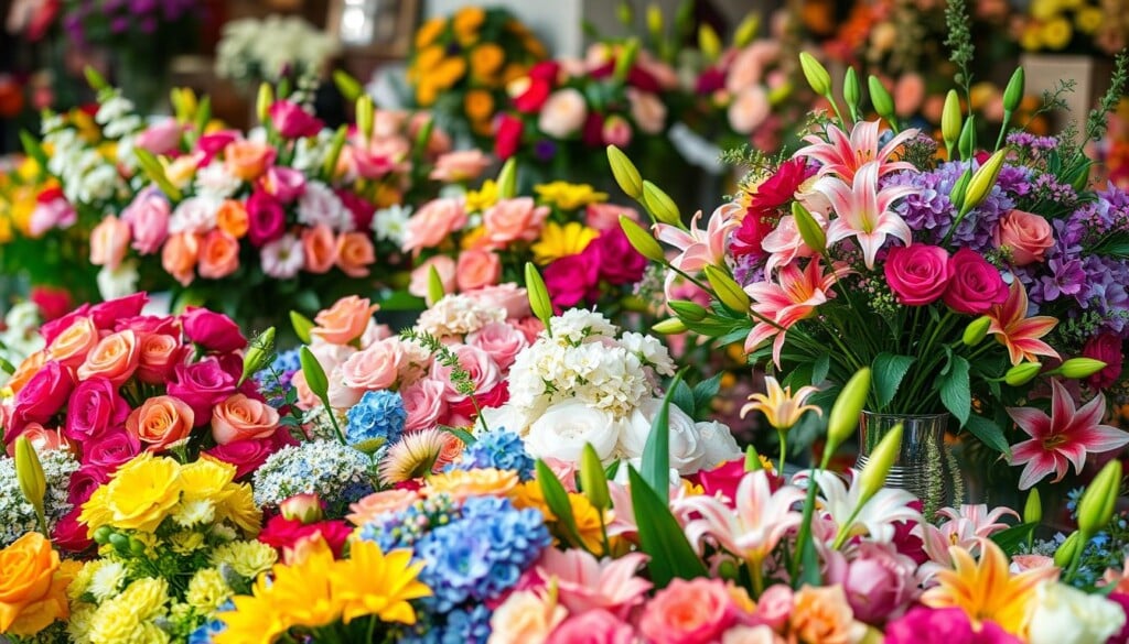 A vibrant display of lush, colorful floral arrangements fills the foreground, adorned with a diverse array of blooms such as roses, peonies, hydrangeas, and lilies. In the middle ground, the arrangements are elegantly presented in various vases and containers, creating a visually captivating and harmonious composition. The background is softly blurred, allowing the focal point to be the stunning floral display. The lighting is natural and diffused, casting a warm, inviting glow that enhances the delicate textures and vibrant hues of the flowers. The overall scene conveys a sense of elegance, beauty, and the abundant variety of flowers available in local shops.