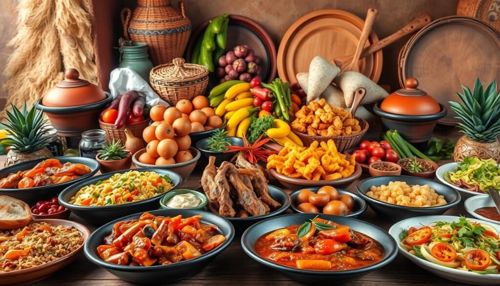 A vibrant display of regional Brazilian culinary delights, captured in a beautifully lit, high-resolution photograph. In the foreground, an array of traditional dishes - hearty stews, sizzling meats, and vibrant salads - showcasing the diverse flavors of Brazil's distinct gastronomic regions. In the middle ground, a selection of fresh tropical fruits, vibrant spices, and artisanal breads, reflecting the country's bountiful agricultural heritage. The background features a rustic, earth-toned setting, with woven baskets, terracotta cookware, and wooden serving platters, evoking the warmth and authenticity of Brazilian home-style cooking. The overall composition exudes a sense of cultural richness and culinary exploration, inviting the viewer to immerse themselves in the dynamic and flavorful world of Brazilian regional cuisine.
