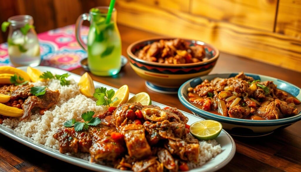 A vibrant display of traditional Cuban cuisine, showcasing a mouthwatering array of dishes in a warm, rustic setting. In the foreground, a platter laden with roasted pork, rice and beans, and crispy plantains, garnished with fresh cilantro and lime wedges. In the middle ground, a steaming bowl of hearty ropa vieja, its shredded beef and tomato-based sauce accented by sautéed peppers and onions. The background features a wooden table, adorned with a vibrant tablecloth and a carafe of Cuba's famous mojito cocktail, illuminated by soft, golden lighting that captures the essence of Cuban hospitality.
