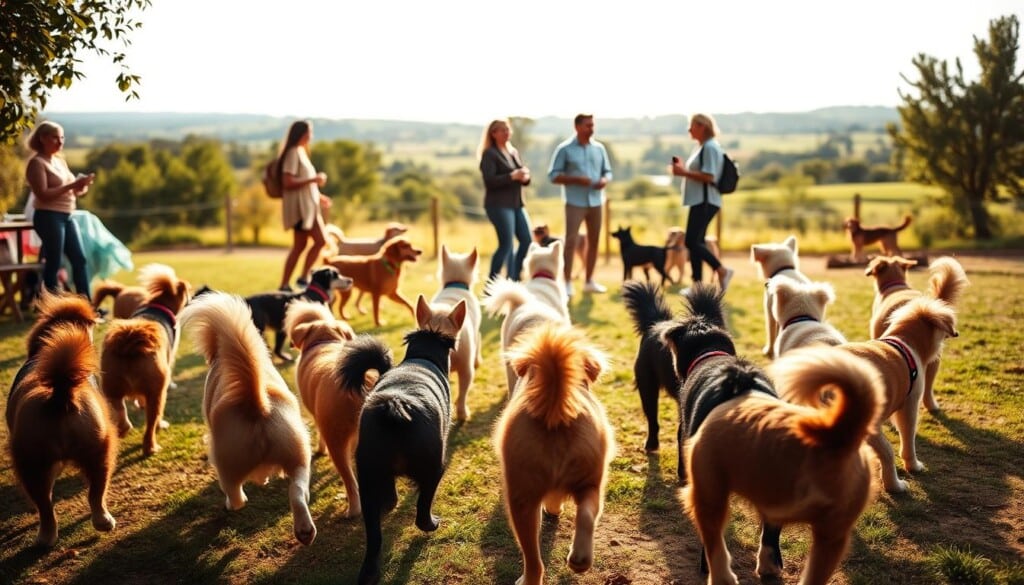 A vibrant dog park scene, captured in a warm afternoon light. In the foreground, a group of playful pups dart and chase, their tails wagging with joy. The middle ground showcases owners chatting and laughing, sharing treats and tips for a great visit. In the background, lush greenery and a picturesque landscape create a serene, welcoming atmosphere. The image exudes a sense of community, camaraderie, and the pure delight of dogs enjoying their time together. Captured with a shallow depth of field, the focus draws the viewer's eye to the engaging interactions between the canine companions and their human counterparts.