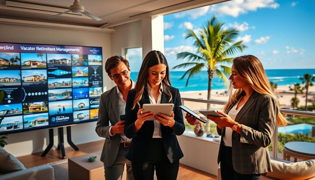 A vibrant, dynamic scene showcasing the operations of a vacation rental management company. In the foreground, a team of professional agents enthusiastically discussing property details on their tablets, their faces illuminated by warm, natural lighting. In the middle ground, a modern office space with sleek furnishings and a large, interactive display board showcasing available rental properties. In the background, a panoramic view of a picturesque coastal town, with sandy beaches, swaying palm trees, and a azure blue sky. The overall atmosphere conveys a sense of expertise, efficiency, and the promise of memorable vacation experiences.