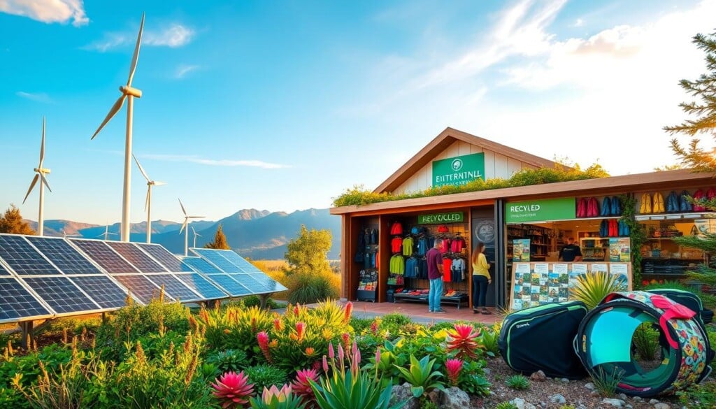 A vibrant, eco-friendly landscape showcasing sustainable initiatives by a modern sporting goods store. In the foreground, solar panels and wind turbines power the store, surrounded by lush greenery and colorful native plants. The mid-ground features a display of recycled and upcycled gear, with customers interacting and learning about the store's commitment to the environment. In the background, a scenic mountain view with a clear blue sky, illuminated by warm, natural lighting that casts a serene atmosphere. The overall composition conveys a sense of harmony between nature, technology, and the store's environmentally-conscious ethos.