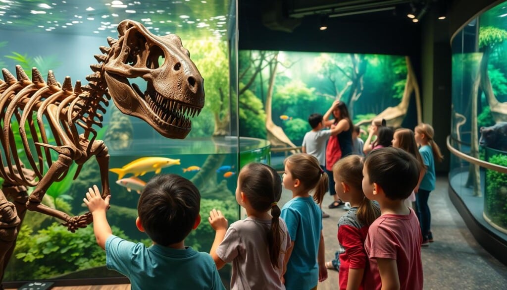 A vibrant, educational zoo setting with engaging, interactive exhibits designed to captivate and inspire visitors. In the foreground, a group of children gaze in awe at a touchable, life-sized dinosaur skeleton display, their curious fingers exploring the ancient bones. In the middle ground, visitors gather around a tank filled with colorful, swimming fish, observing their graceful movements through the crystal-clear glass. Beyond, a diorama showcases a lush, green forest habitat, complete with rustling trees and the faint calls of unseen woodland creatures. Soft, diffused lighting illuminates the scene, creating a warm, inviting atmosphere that encourages exploration and learning.
