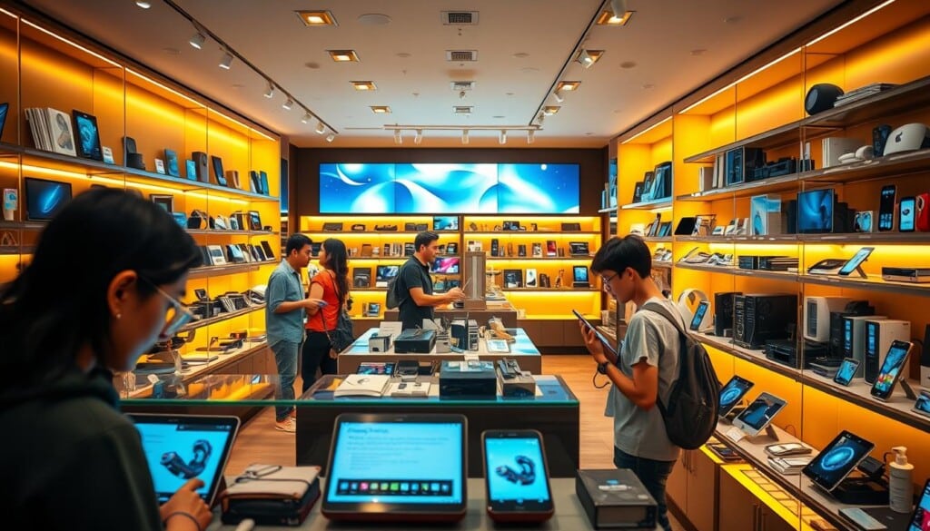 A vibrant electronic shop interior, showcasing an assortment of sleek gadgets and devices. Warm lighting illuminates the display shelves, casting a cozy glow on the scene. Customers browse intently, examining the latest tech with a sense of eager curiosity. The atmosphere is one of exploration and discovery, with a palpable energy of technology and innovation. In the foreground, product reviews are displayed on digital screens, providing valuable insights for shoppers. The middle ground features a diverse range of electronic goods, from smartphones and tablets to smart home devices and wearables. The background depicts a modern, minimalist design aesthetic, with clean lines and a sophisticated color palette. The overall impression is one of a dynamic, customer-centric shopping experience that caters to the needs of tech-savvy consumers.